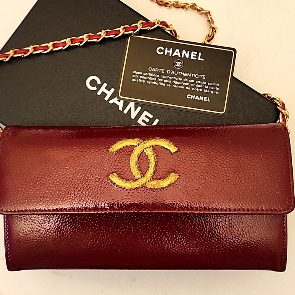 Chanel Continental CC Flap Wallet Purse Glazed Calfskin Entrupy COA Burgundy - Picture 6 of 16